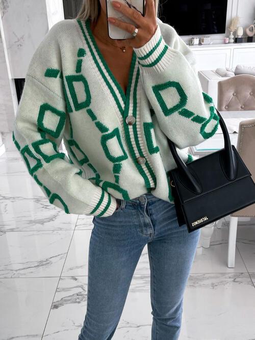 Geometric Dropped Shoulder Button Down Cardigan Cardigans Trend   