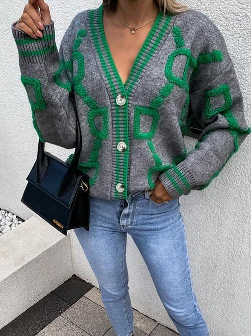 Geometric Dropped Shoulder Button Down Cardigan Cardigans Trend   
