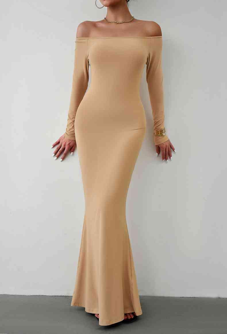 Off-Shoulder Long Sleeve Maxi Dress Dresses Trendsi Tan S 