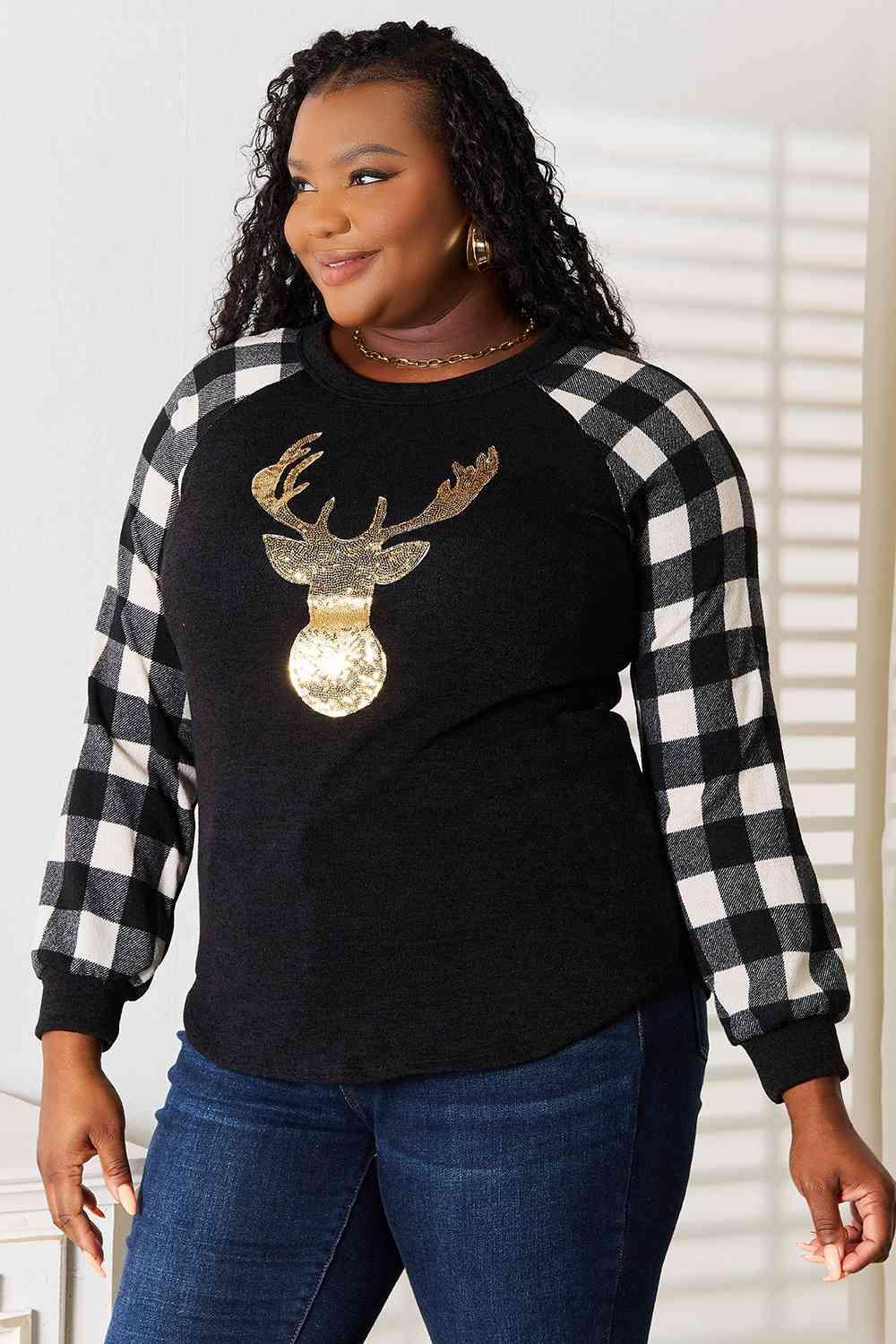 Sequin Reindeer Graphic Plaid Top Tops Trendsi   
