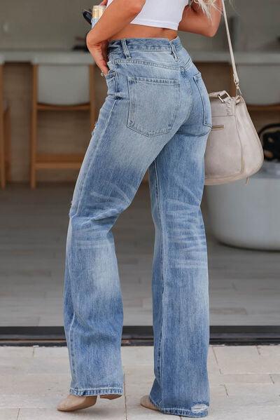 Distressed Straight Jeans with Pockets Jeans Trendsi   