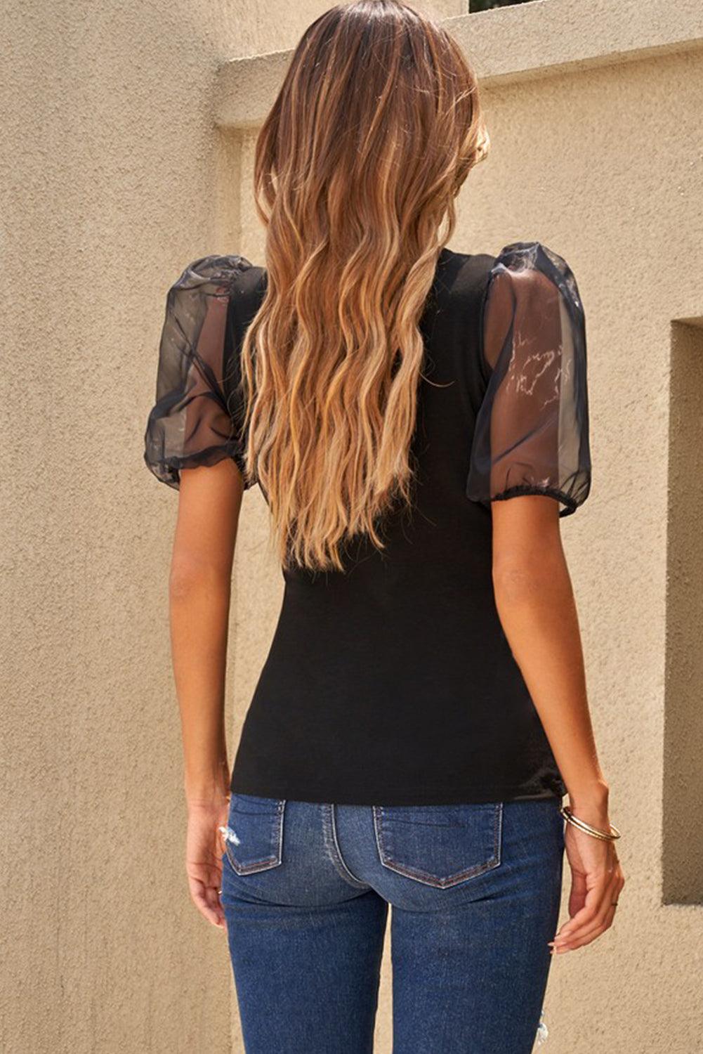 Mesh Puff Sleeve Blouse Blouses White   