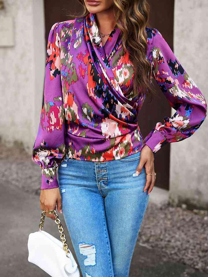 Printed Long Sleeve Wrap Look Blouse Blouses Trendsi Lavender S 