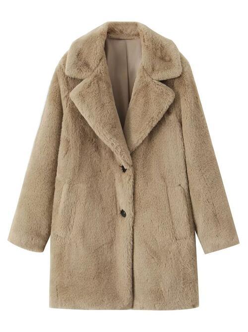 Faux Fur Lapel Coat with Pockets Coats Trendsi Camel S 