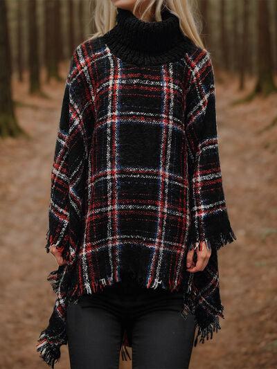 Turtleneck Plaid Raw Hem Poncho Sweater Tops Trendsi   