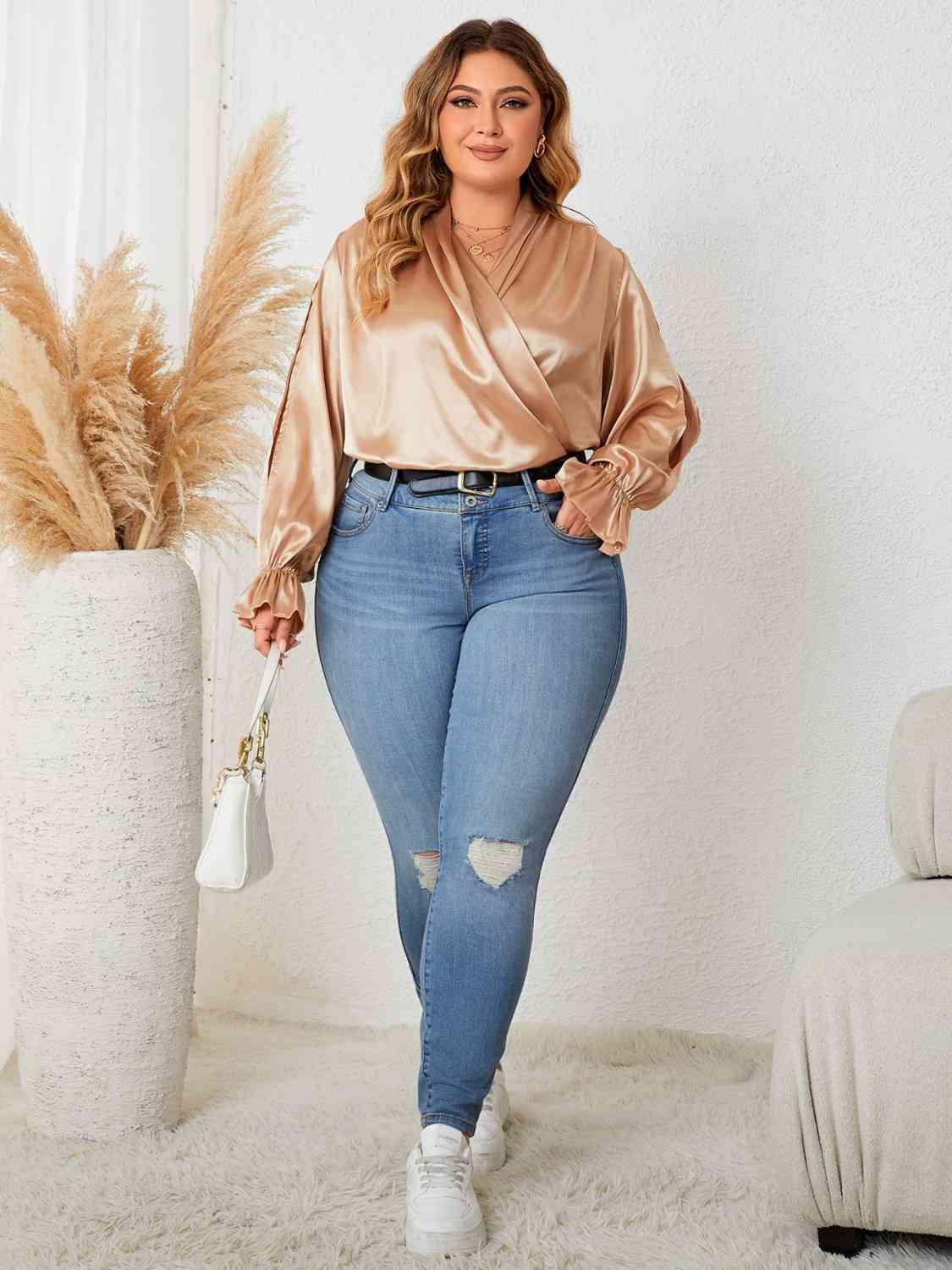 Surplice Neck Flounce Sleeve Blouse Tops Trendsi   
