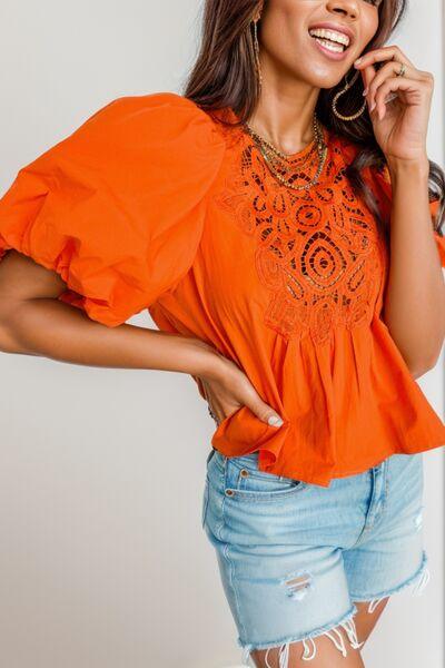 Openwork Round Neck Balloon Sleeve Blouse Blouses Trends Pumpkin S 