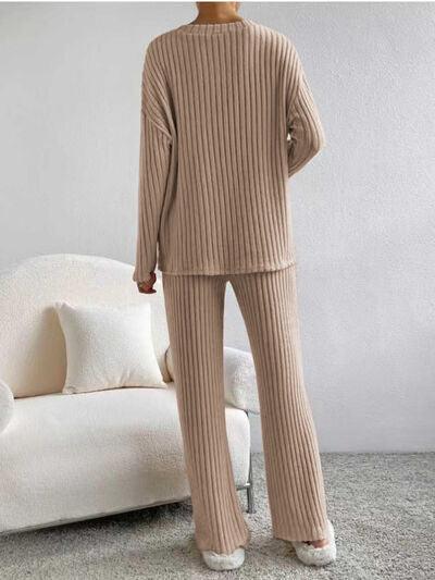 Ribbed V-Neck Long Sleeve Top and Pants Set Pant Set Trendsi   