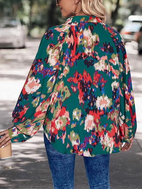 Printed Johnny Collar Long Sleeve Blouse Blouses Trends   