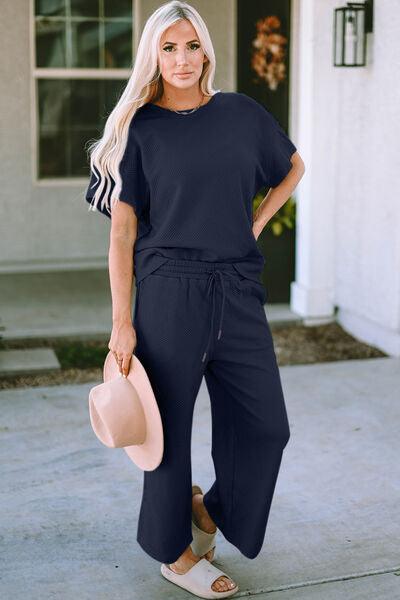 Texture Short Sleeve Top and Pant Set Pant Set Trend Navy S 