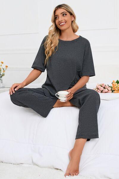 Round Neck Slit Top and Pants Lounge Set Loungewear Trendsi   