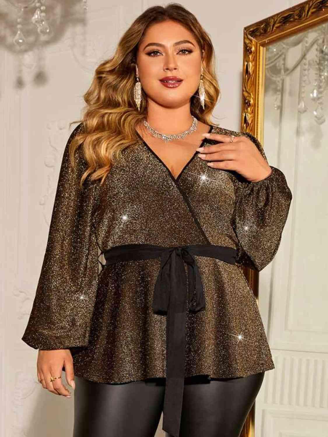 Plus Size Shiny Tie Waist Wrap Top Blouses Trendsi Camel 1XL 