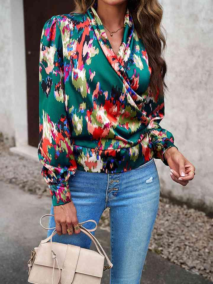 Printed Long Sleeve Wrap Look Blouse Blouses Trendsi   