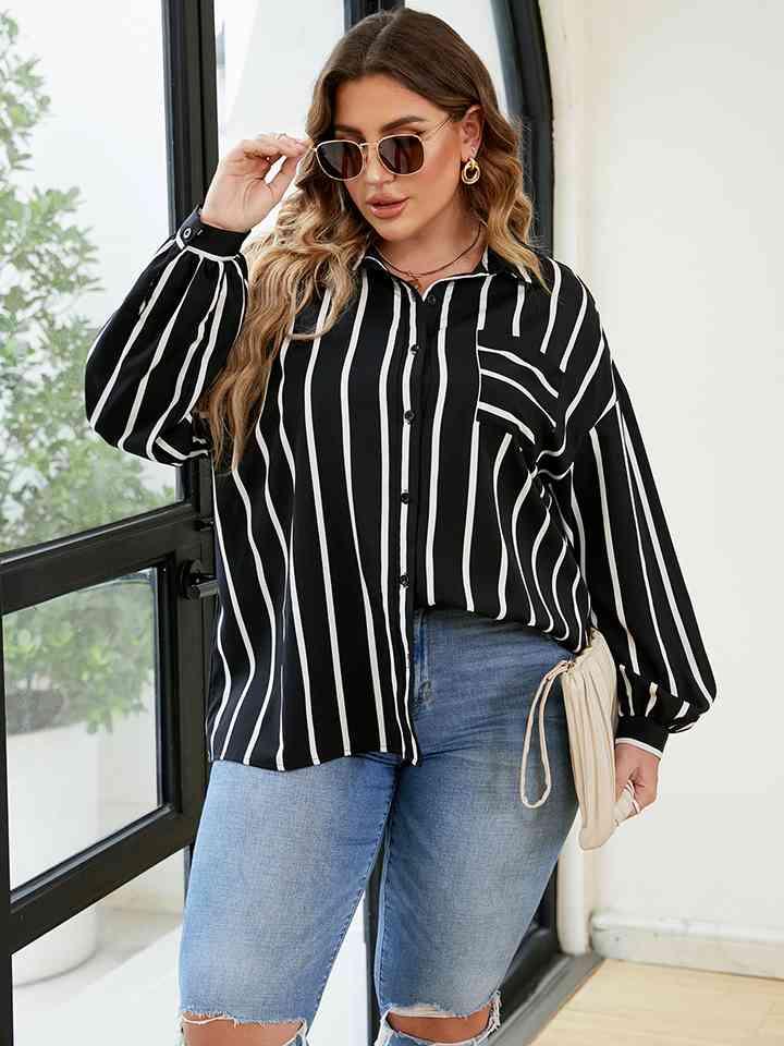 Plus Size Long Sleeve Striped Shirt Tops Trendsi   