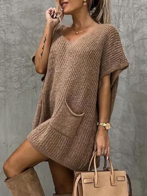 V-Neck Short Sleeve Sweater with Pockets Tops Trendsi   