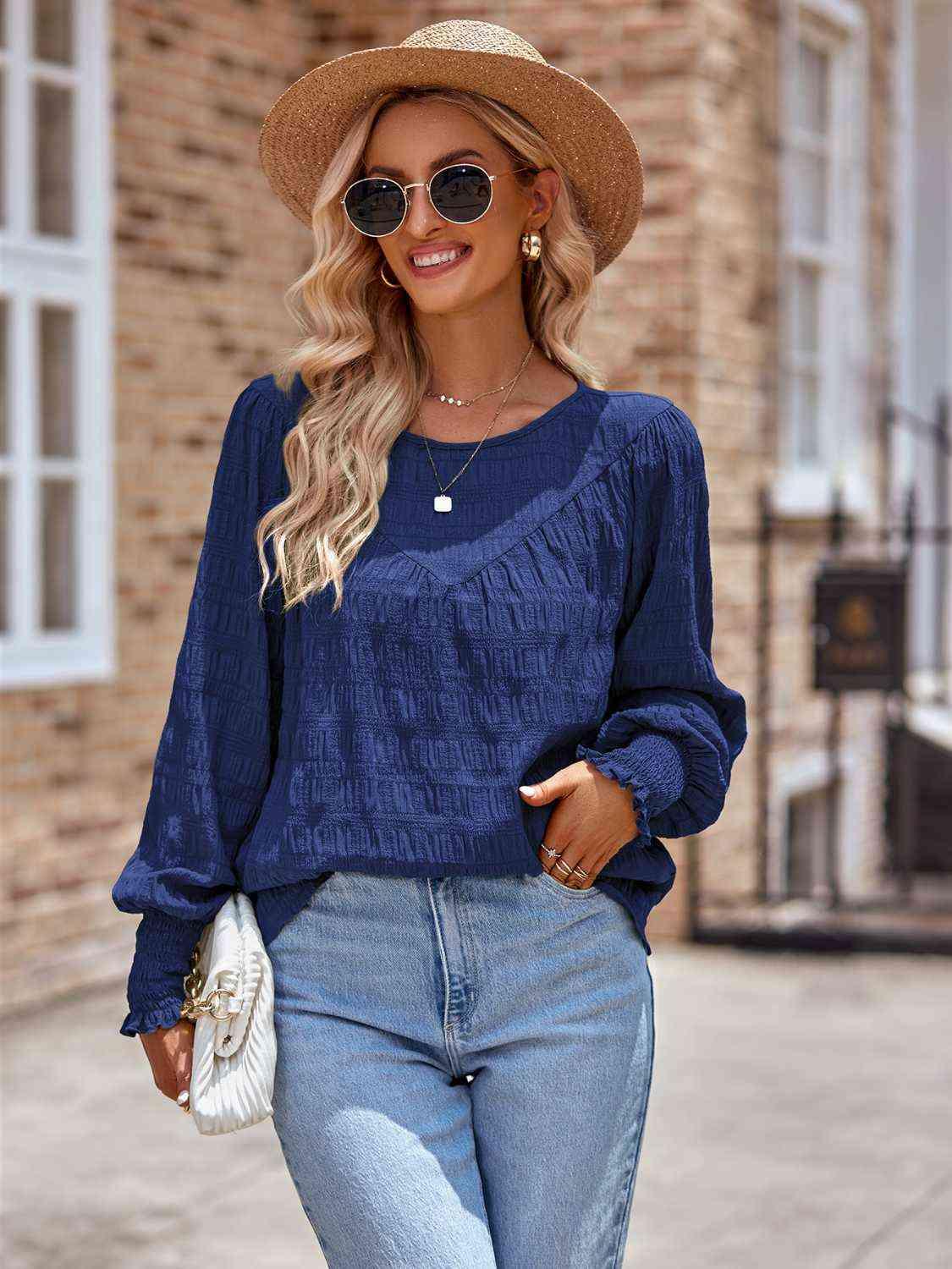 Round Neck Lantern Sleeve Blouse Blouses Trendsi   