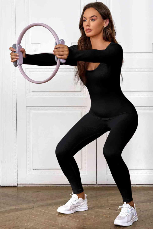 Long Sleeve Scoop Neck Skinny Jumpsuit Activewear Trendsi   