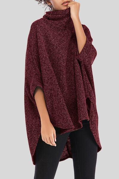 Turtleneck Batwing Sleeve Sweater Tops Trendsi Wine One Size 