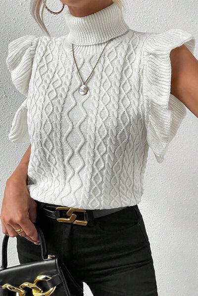 Cable-Knit Turtleneck Cap Sleeve Sweater Blouses Trendsi White S 