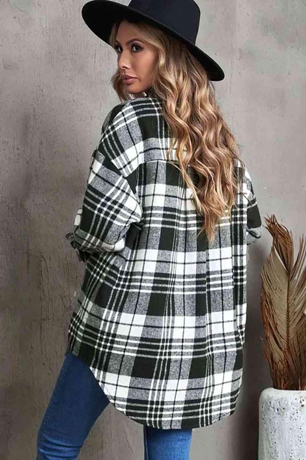 Plaid Collared Neck Button Up Jacket Jackets Trendsi   