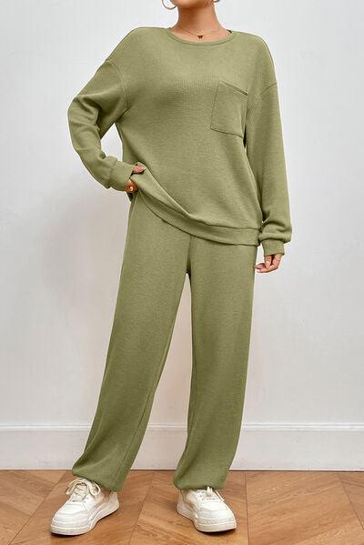 Pocketed Round Neck Top and Pants Lounge Set Pant Set Trends Matcha Green S 