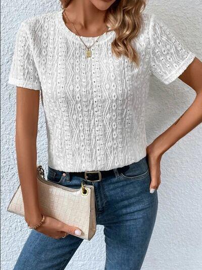 Eyelet Round Neck Short Sleeve T-Shirt T-Shirts Trendsi Black S 