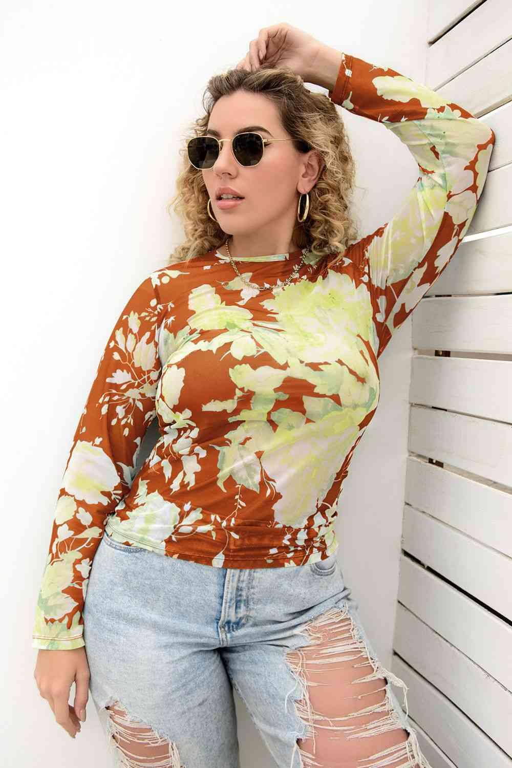Plus Size Printed Round Neck Long Sleeve Blouse Blouses Trendsi   