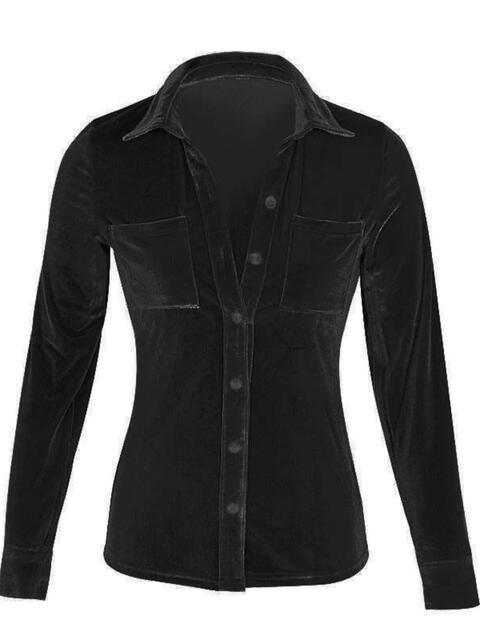 Button Up Collared Shirt with Breast Pockets Blouses Trend   