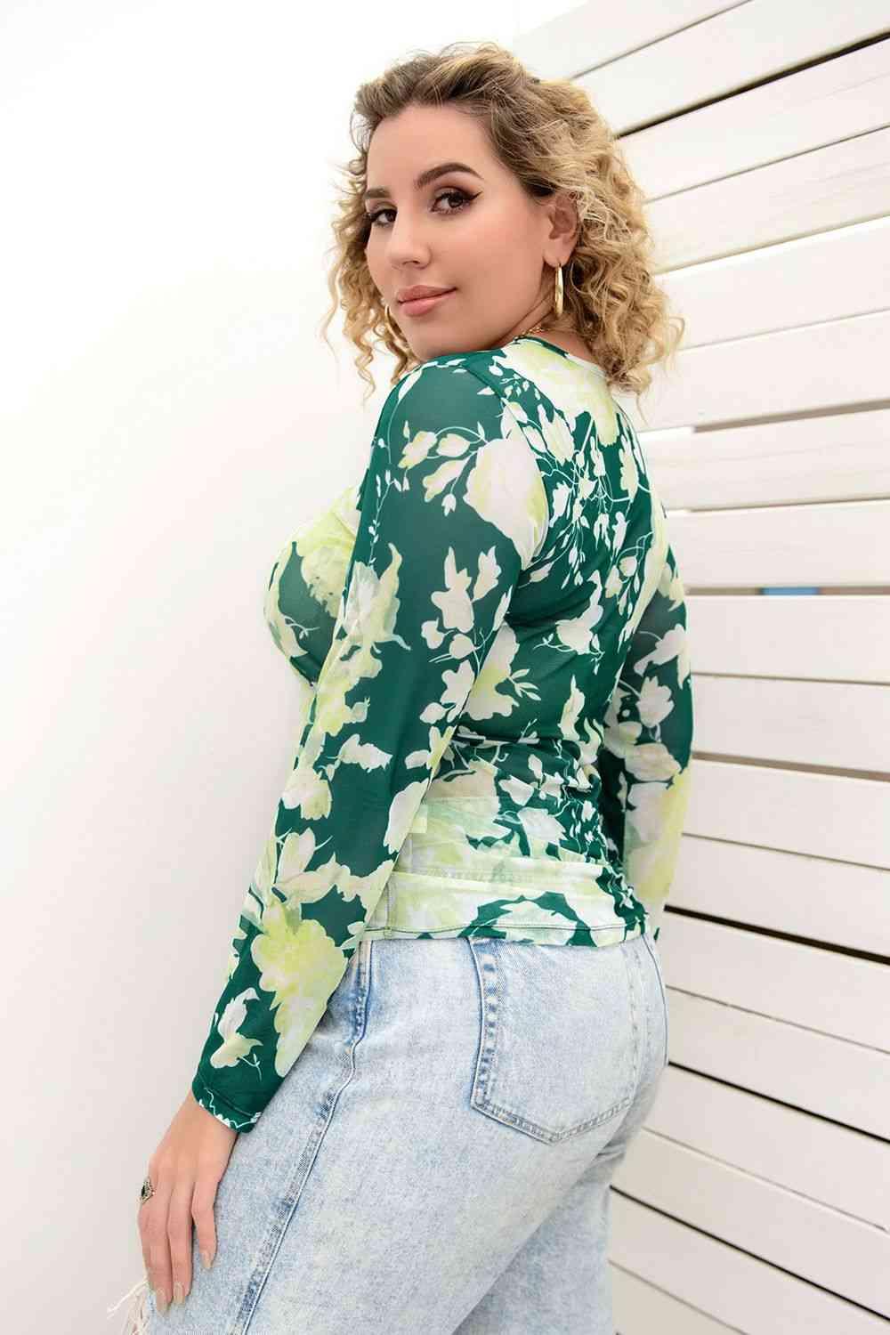 Plus Size Printed Round Neck Long Sleeve Blouse Blouses Trendsi   