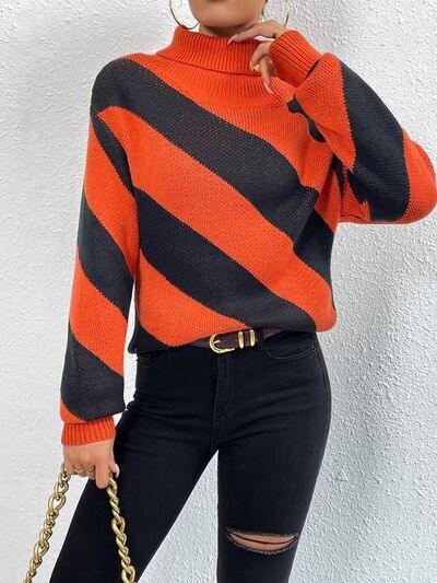 Striped Turtleneck Dropped Shoulder Sweater Sweaters Trendsi   