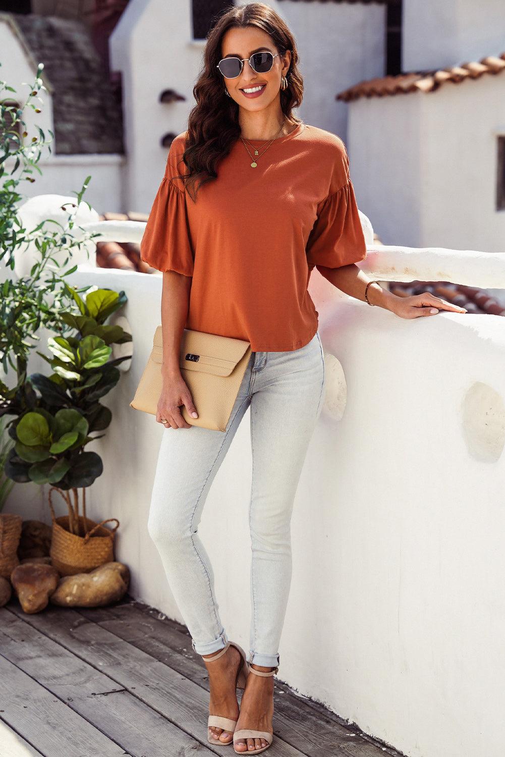 Puff Sleeve Curved Hem Blouse Blouses Trends   