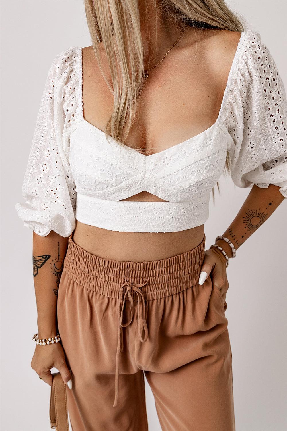 Sweetheart Neckline Eyelet Crop Top in White Tops White   