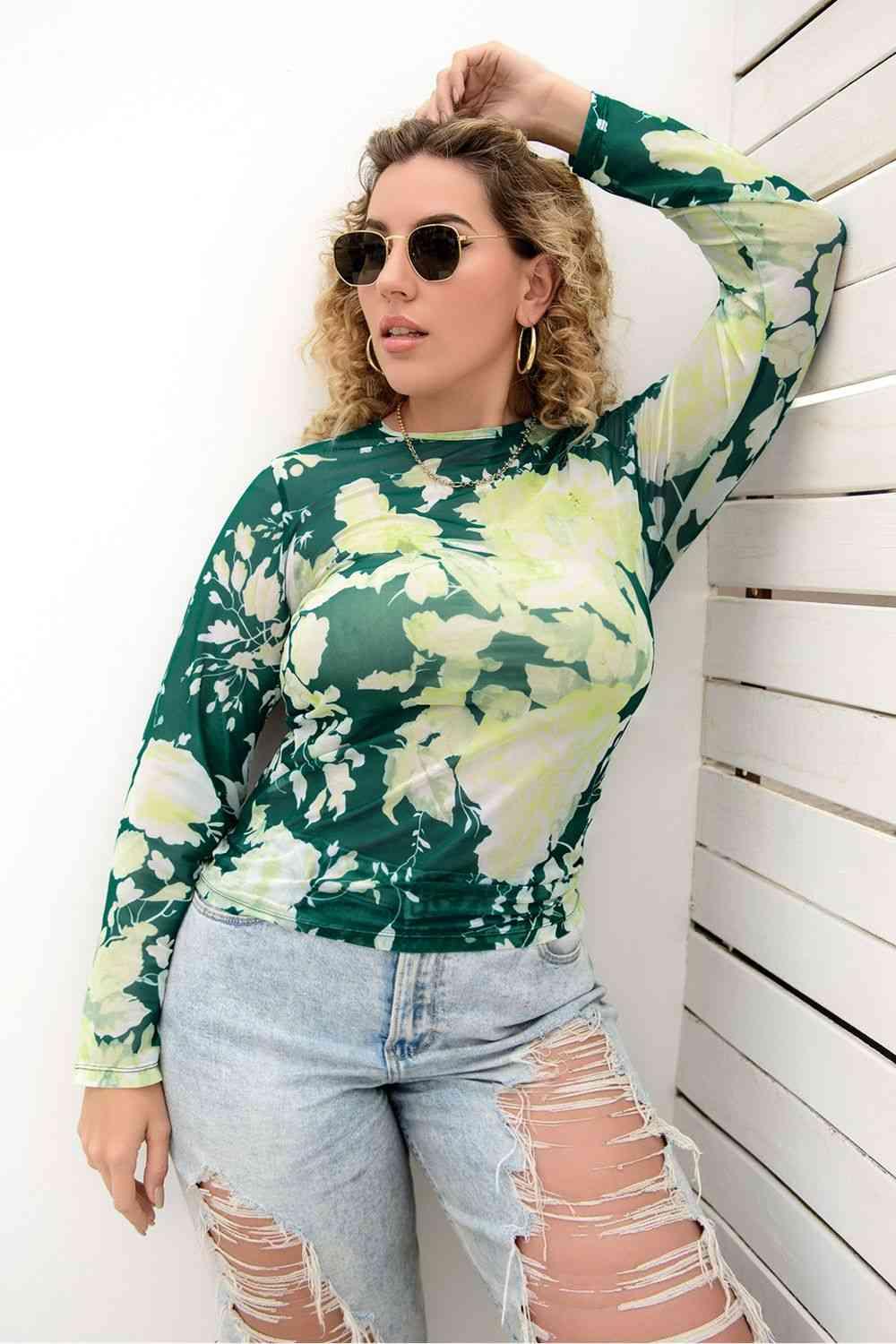 Plus Size Printed Round Neck Long Sleeve Blouse Blouses Trendsi   