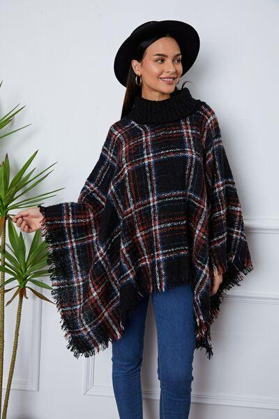Turtleneck Plaid Raw Hem Poncho Sweater Tops Trendsi   