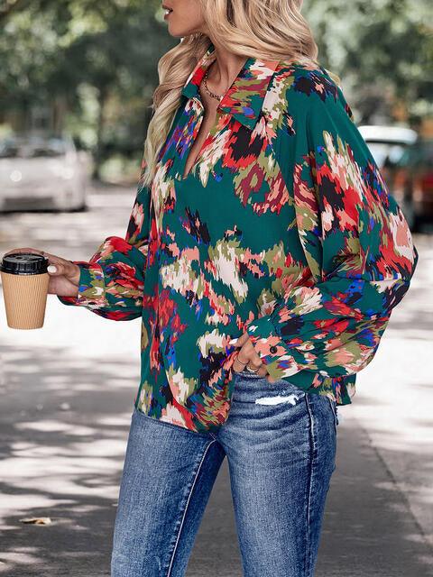 Printed Johnny Collar Long Sleeve Blouse Blouses Trends   