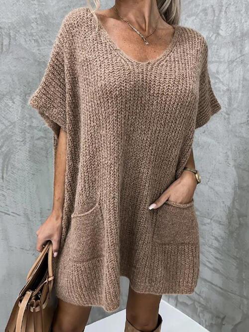 V-Neck Short Sleeve Sweater with Pockets Tops Trendsi Taupe S/M 