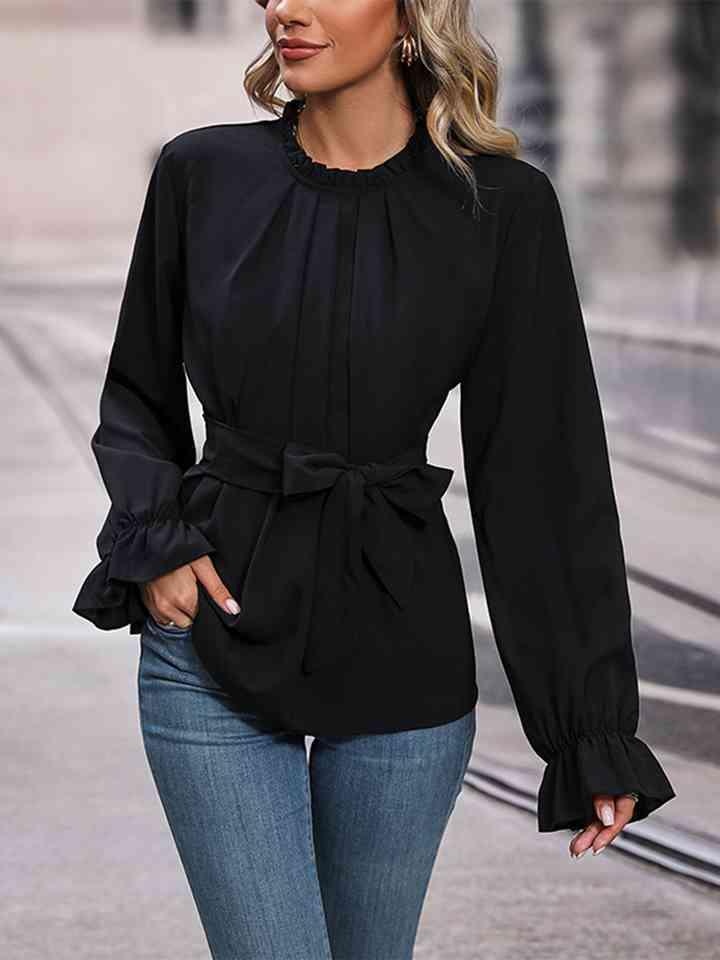 Round Neck Tie Waist Long Sleeve Blouse Blouses Trendsi   