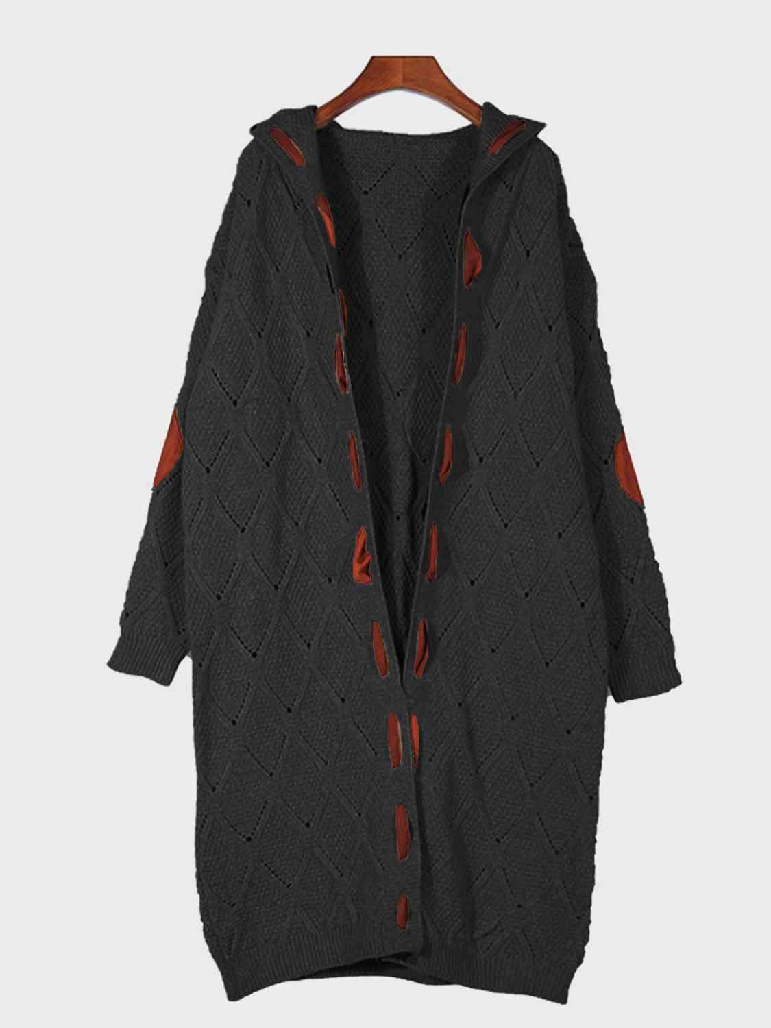 Openwork Long Sleeve Open Front Hooded Cardigan Cardigans Trendsi Black S 