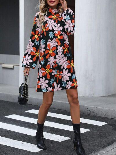 Floral Mock Neck Balloon Sleeve Dress Dresses Trendsi   