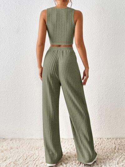 Ribbed Round Neck Tank and Pants Sweater Set Pant Set Trends   