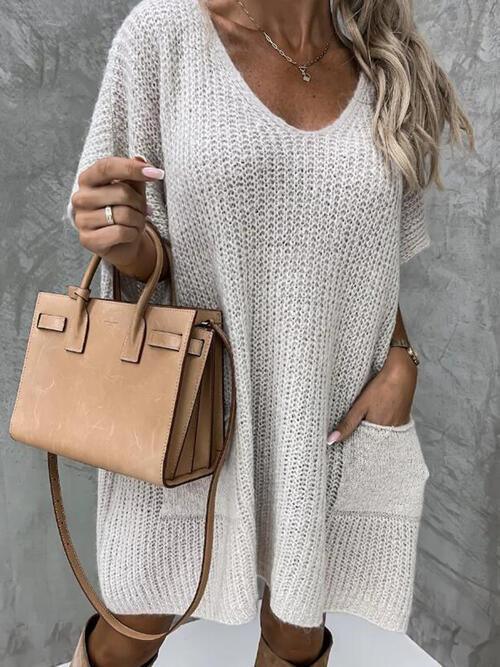V-Neck Short Sleeve Sweater with Pockets Tops Trendsi   