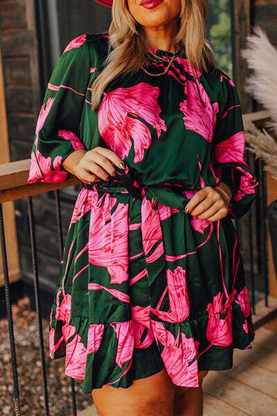 Plus Size Printed Lantern Sleeve Ruffle Hem Dress Dresses Trendsi Green 1XL 