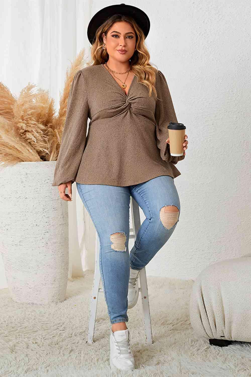 Plus Size Twist Front Balloon Sleeve Blouse Blouses Trendsi   