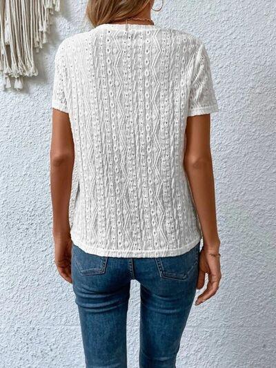 Eyelet Round Neck Short Sleeve T-Shirt T-Shirts Trendsi   