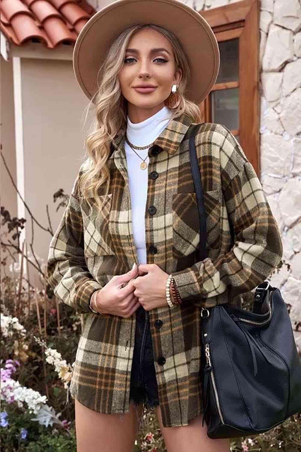 Plaid Collared Neck Button Up Jacket Jackets Trendsi Coffee Brown S 