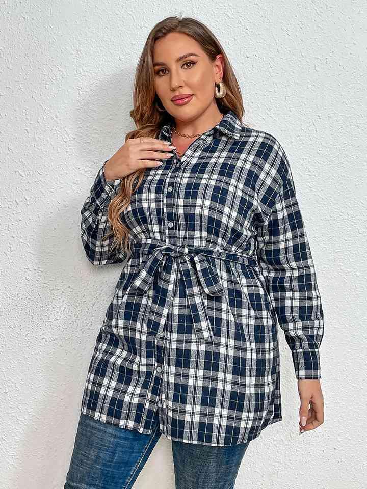 Plaid Collared Neck Tie Waist Shirt Tops Trendsi   