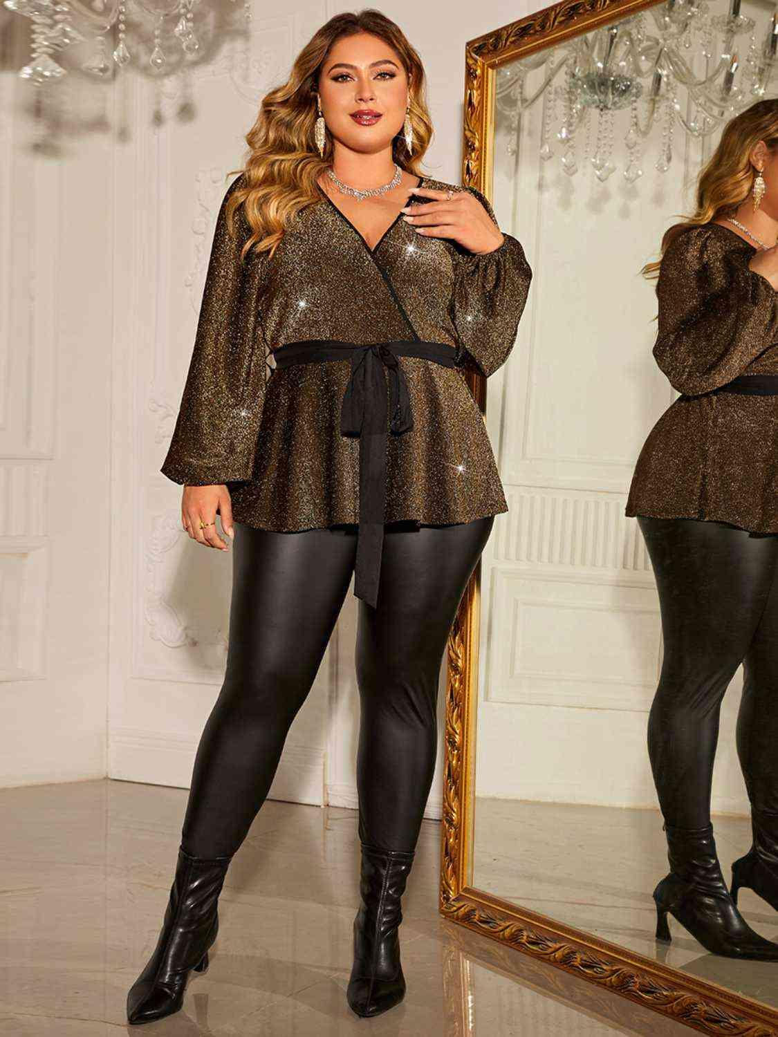 Plus Size Shiny Tie Waist Wrap Top Blouses Trendsi   