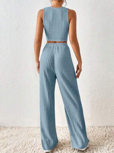 Ribbed Round Neck Tank and Pants Sweater Set Pant Set Trends   