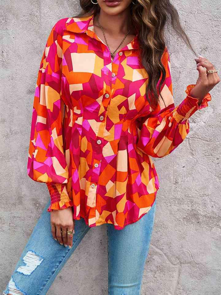 Printed Button-Up Lantern Sleeve Shirt Button-Up Trendsi   