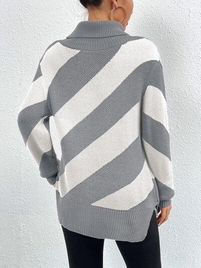 Striped Turtleneck Dropped Shoulder Sweater Sweaters Trendsi   